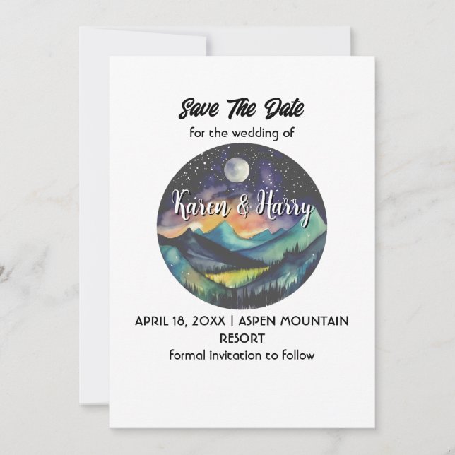 Mountain Moon Star Save the Date Außenbereich Einladung (Vorderseite)