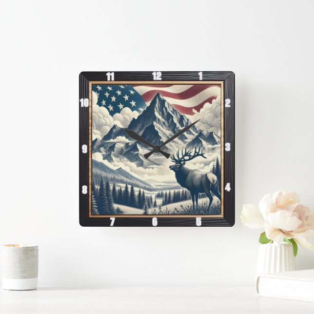 Mountain Moose Patriotic Rustic Quadratische Wanduhr (Zuhause)