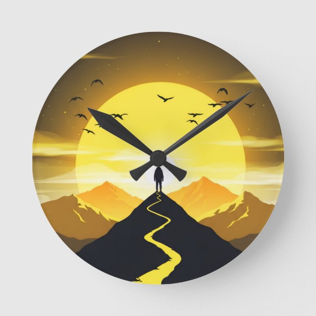 Mountain Peak Silhouette with a winding. Pedestal Runde Wanduhr (Vorderseite)