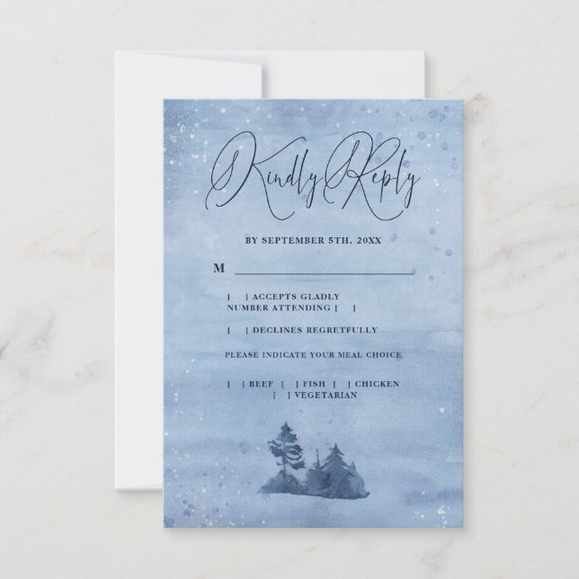 Mountain Pine Trees Light Blue Winter Wedding Meal RSVP Karte (Vorderseite)