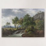 Mountain River Landscape Travel Nature Painting Puzzle<br><div class="desc">Custom, personalized, family kids travel nature art lovers 1000 pies jigsaw puzzle, featuring an enchanting beautiful scenic intricate detailed cape vintage painting, oil on canvas, by F.C. Kiæ rskou, featuring a mountain river gushough a rocky cape with a heavy wind swaying the trees, and your note / greetings in an...</div>