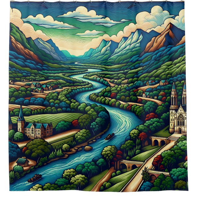 "Mountain River Valley" Duschvorhang (Vorderseite)