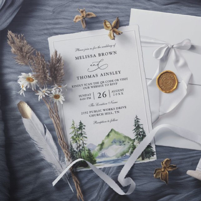 Mountain Rustic Forest Budget QR Code Wedding Einladung (Von Creator hochgeladen)