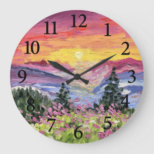 Mountain Sunrise mit Wildblumen Große Wanduhr