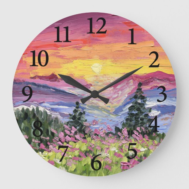 Mountain Sunrise mit Wildblumen Große Wanduhr (Vorderseite)