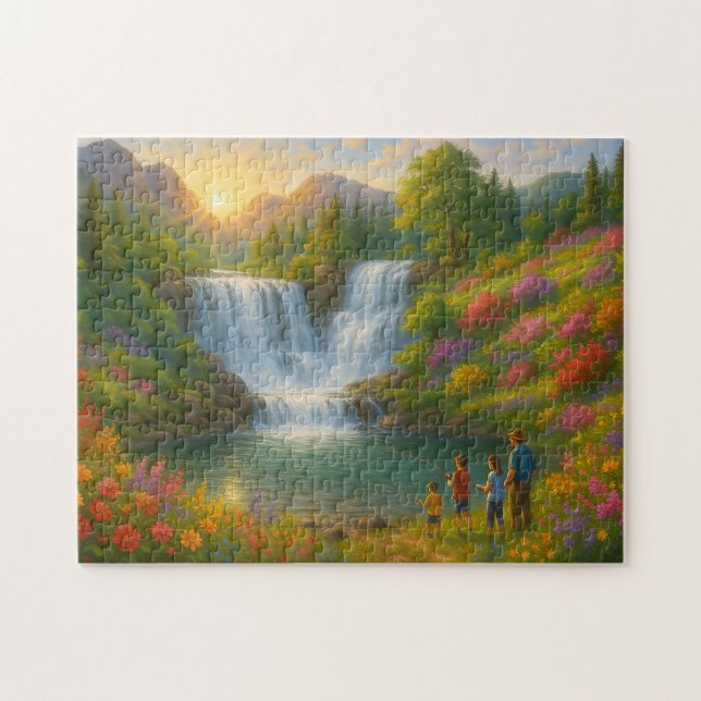 Mountain Sunrise Waterfall Puzzle – Family Fishing (Horizontal)