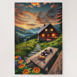 Mountain Sunset Cabin Serenity Puzzle