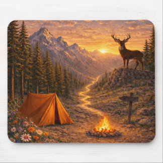 Mountain Sunset Deer Campsite Mouse Pad Mousepad