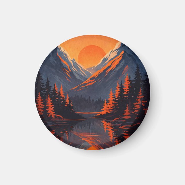 Mountain Sunset Reflection Fiery Orange Sky  Magnet (Vorne)