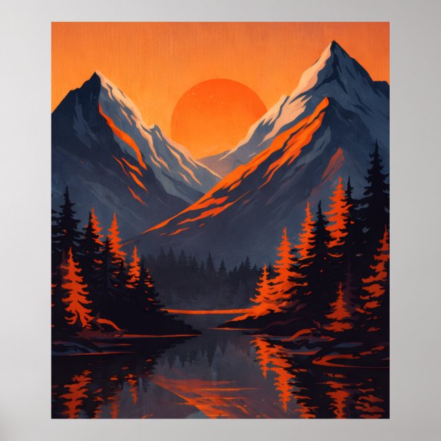 Mountain Sunset Reflection Fiery Orange Sky  Poster (Vorne)