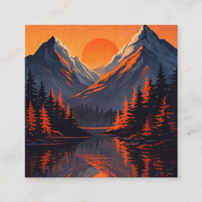 Mountain Sunset Reflection Fiery Orange Sky  Quadratische Visitenkarte (Vorderseite)