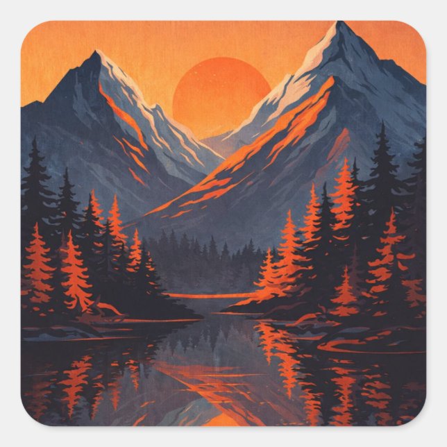 Mountain Sunset Reflection Fiery Orange Sky  Quadratischer Aufkleber (Vorderseite)