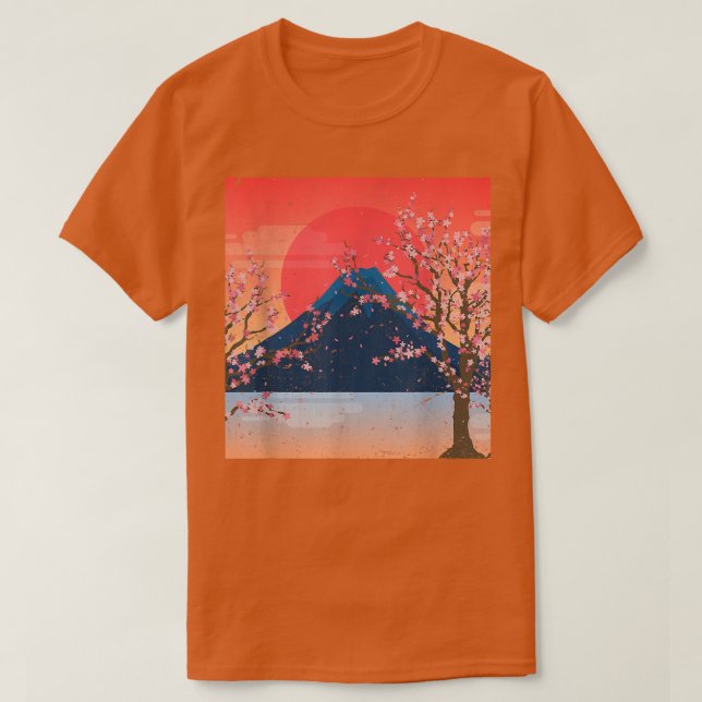 Mountain Sunset Sakura Rosa Blume Kirchen Blo T-Shirt (Design vorne)