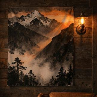 Mountain Sunset Tapestry | Golden Light Ink Art Wandteppich