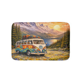 Mountain Sunset Wildflowers Retro Hippie Van Life Badematte