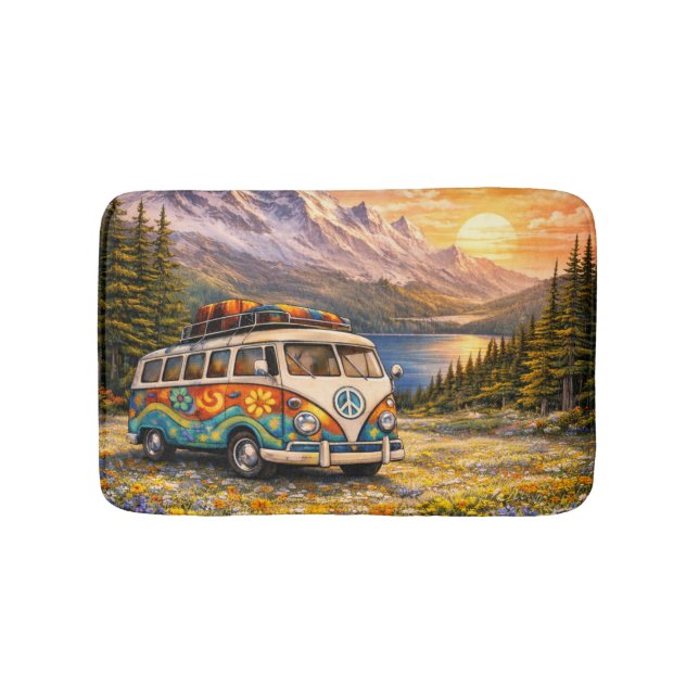 Mountain Sunset Wildflowers Retro Hippie Van Life Badematte (Vorderseite)