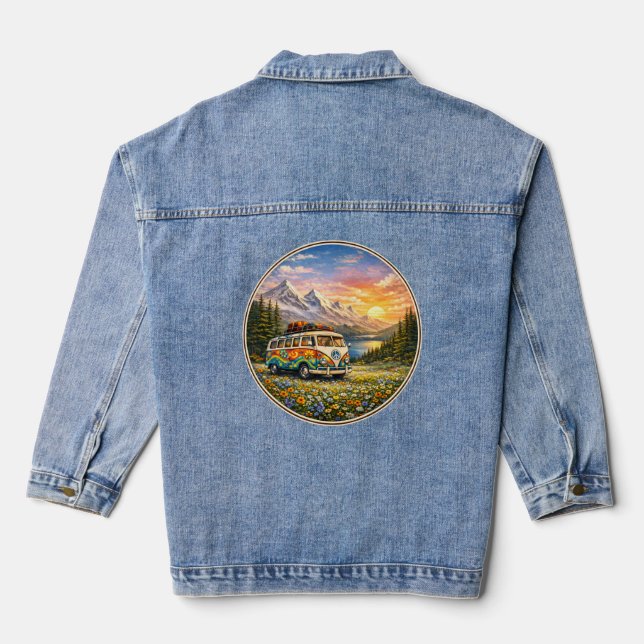 Mountain Sunset Wildflowers Retro Hippie Van Life Jeansjacke (Rückseite)