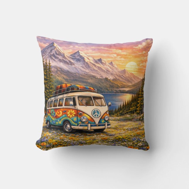 Mountain Sunset Wildflowers Retro Hippie Van Life Kissen (Vorderseite)