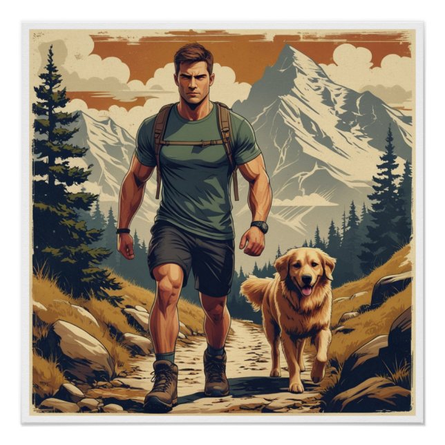 Mountain Trail Hiker & Dog Adventure Illustration Poster (Vorderseite)