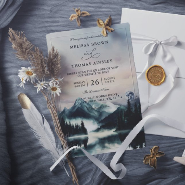 Mountain Trees Pine Rustic Budget QR Code Wedding Einladung (Von Creator hochgeladen)