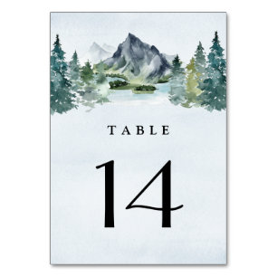 Mountain Watercolor Evergreen Rustic Tree Wedding Tischnummer