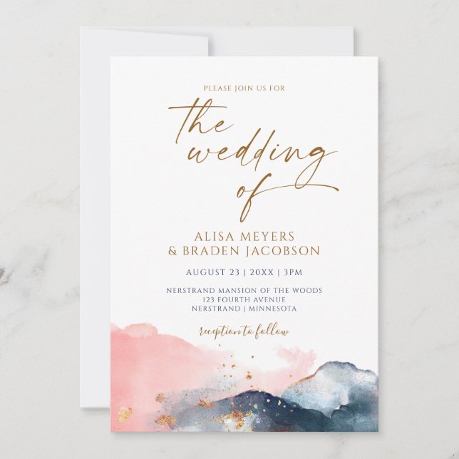 Mountain Wedding Modern Watercolor Navy Pink Gold Einladung (Vorderseite)