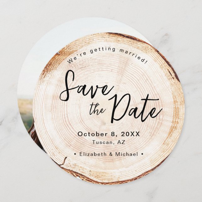 Mountain Wedding Nature Themed Woodcut Foto Einladung (Vorne/Hinten)