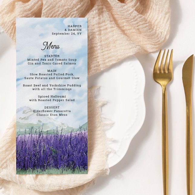 Mountain Wedding Wassercolor Lavendel Landschaft Menükarte (Menu from my Mountain Lavender Wedding Collection)