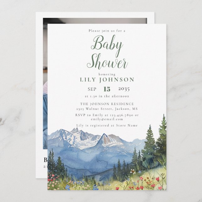 Mountain Wildblume Baby Shower Foto QR Code Einladung (Vorne/Hinten)