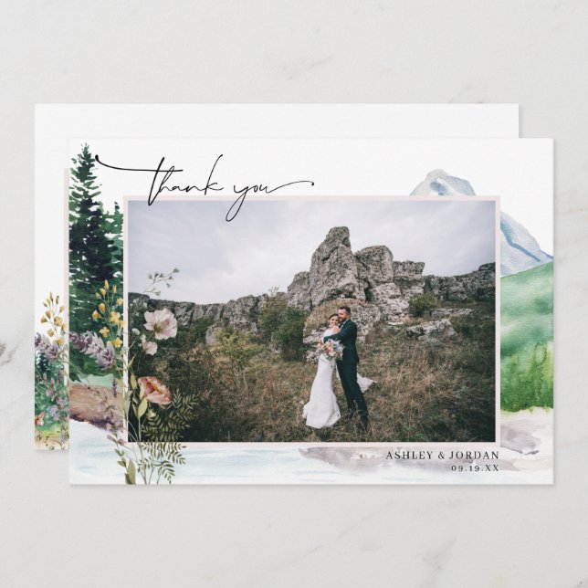 Mountain Wildblume Boho | Hochzeitsszenario Foto V Dankeskarte (Vorne/Hinten)