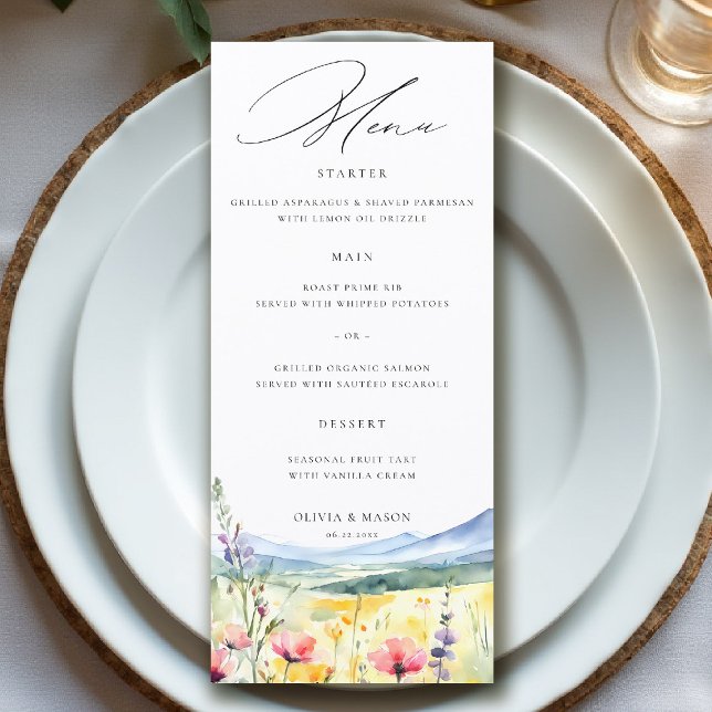 Mountain Wildflowers Meadow Modern Floral Wedding Menükarte (mountain wedding menu wildflowers meadow floral watercolor modern calligraphy garden nature forest)