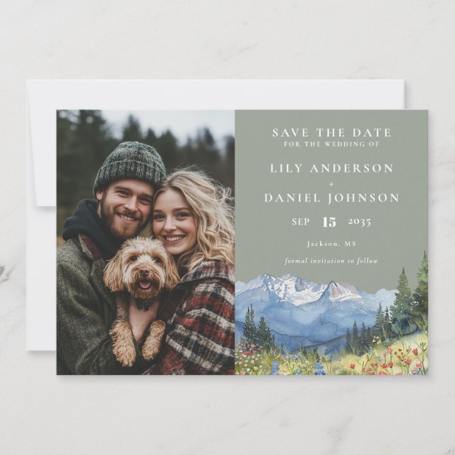 Mountain Wildflowers Sage Green Photo Wedding Save The Date (Vorderseite)