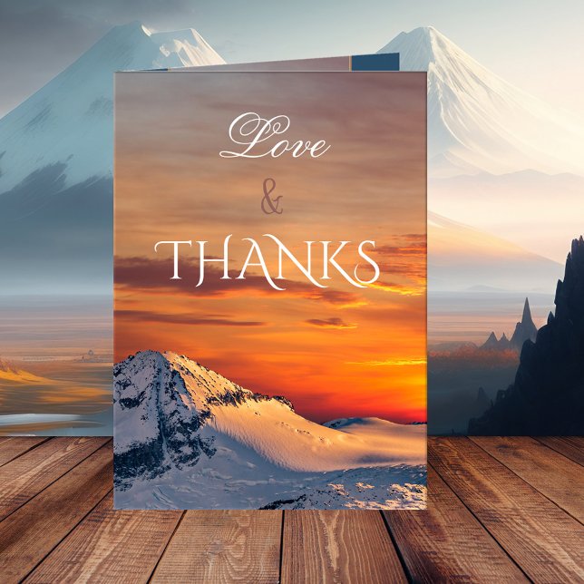 Mountain Winter Wedding Foto Dankeschön Karte (A romantic winter wedding Thank You card featuring a winter wonderland scene at sunset)