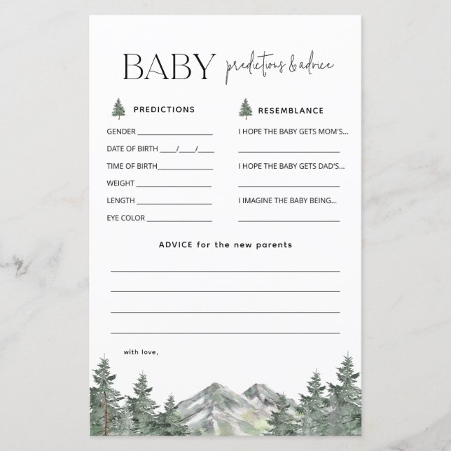 Mountain Woodland Baby Predictions and Advice Card (Vorderseite)