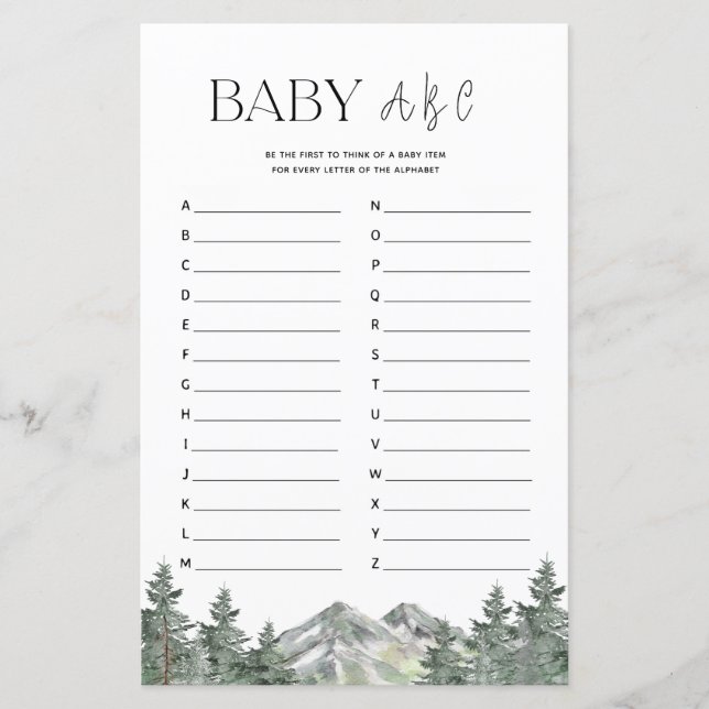 Mountain Woodland Baby Shower ABC Alphabet Game (Vorderseite)