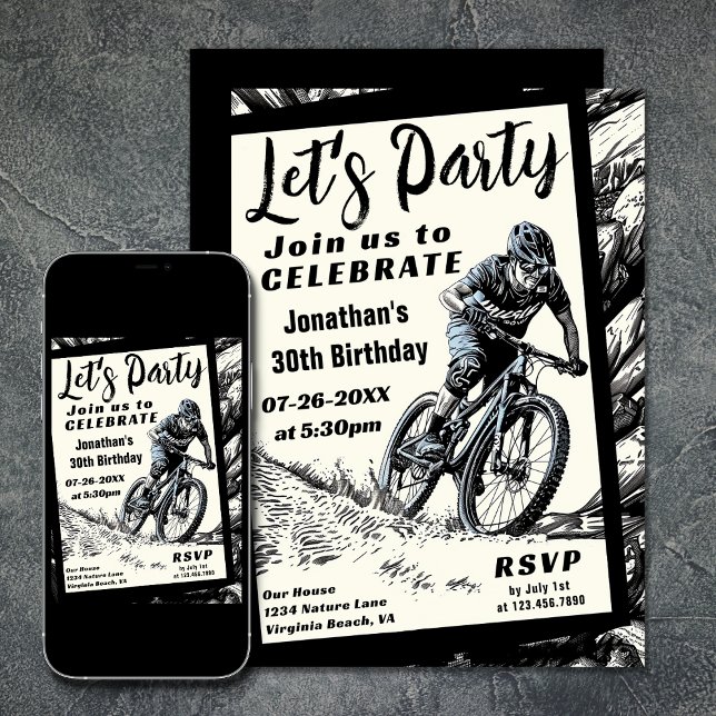 Mountainbike Moderne Skizze Geburtstag Einladung (Mountain Bike Modern Sketch Style Birthday Invitation)