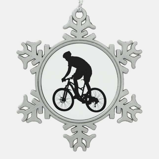 Mountainbike-Silhouette - Hintergrundfarbe auswähl Schneeflocken Zinn-Ornament (Vorderseite)