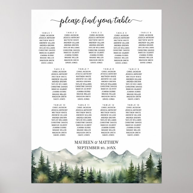 Mountains and Pines 13 Tables Wedding Seating Poster (Vorne)