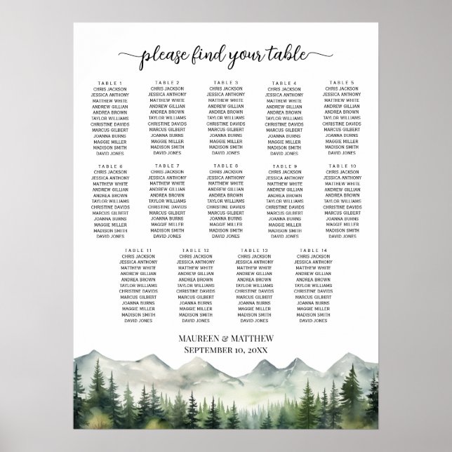 Mountains and Pines 14 Tables Wedding Seating Poster (Vorne)