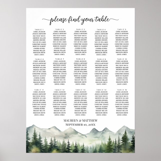 Mountains and Pines 15 Tables Wedding Seating Poster (Vorne)