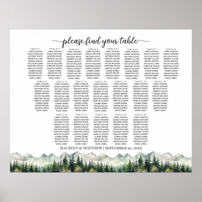 Mountains and Pines 20 Tables Wedding Seating Poster (Vorne)
