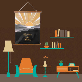 Mountains are Calling Burnt Sienna Sunrise Sunset  Wandteppich Mit Holzrahmen