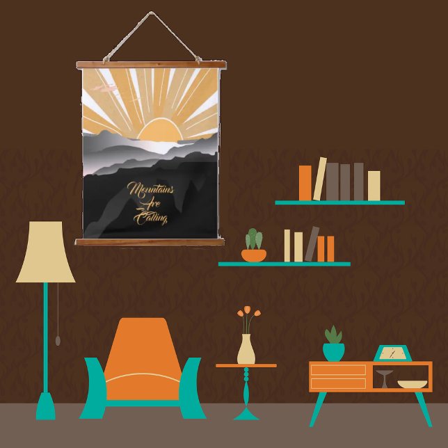 Mountains are Calling Burnt Sienna Sunrise Sunset  Wandteppich Mit Holzrahmen (Von Creator hochgeladen)