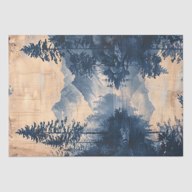 Mountains Blue Ink Malerei Chinoiserie Entdeckungs Seidenpapier (Vorderseite)