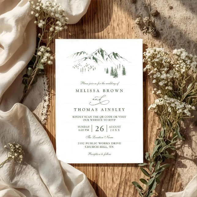 Mountains Forest Trees Pine Rustic QR Code Wedding Einladung (Von Creator hochgeladen)