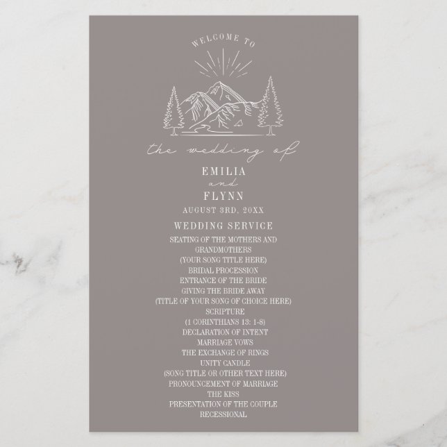 Mountains Line Art Amethyst Wedding Programm (Vorderseite)