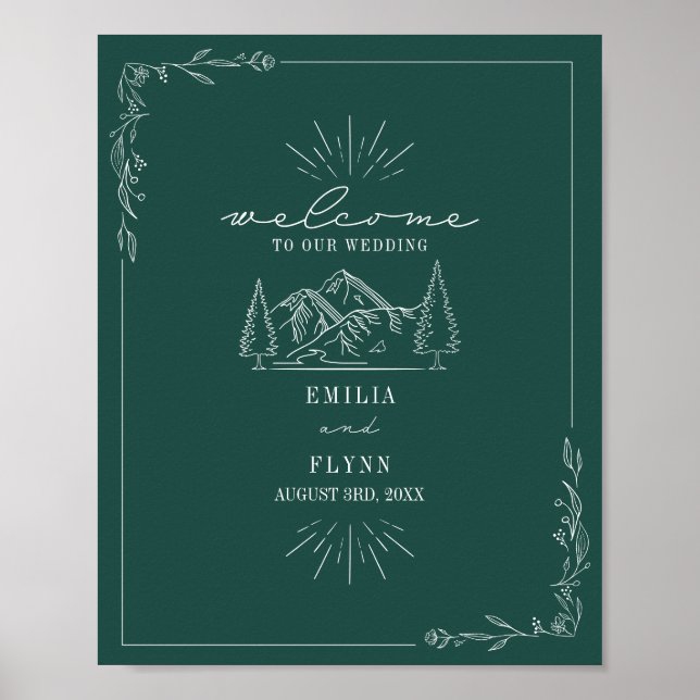Mountains Line Art Emerald Wedding Welcome Poster (Vorne)