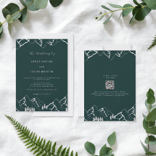 Mountains Pine Tree Emerald Green QR Code Hochzeit Einladung
