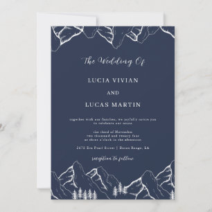 Mountains Pine Tree Navy Blue QR Code Hochzeit Einladung