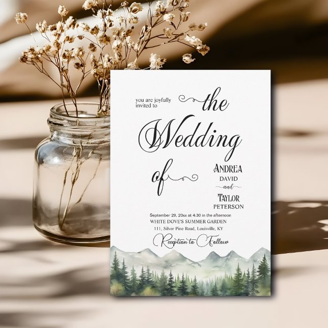 Mountains Pines Elegant Calligraphy Wedding Einladung (Von Creator hochgeladen)